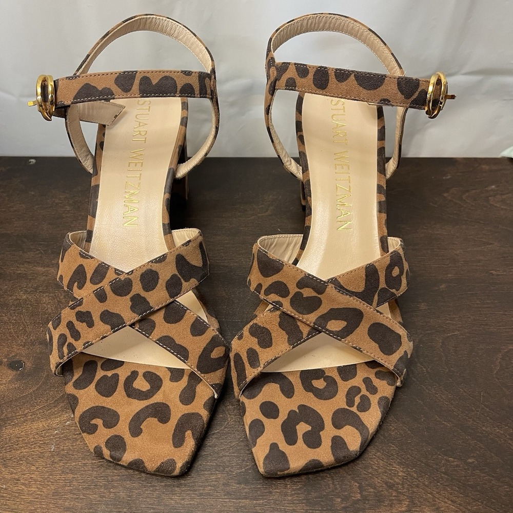 Stuart Weitzman Leopard Print Brown Black Strappy Sandals